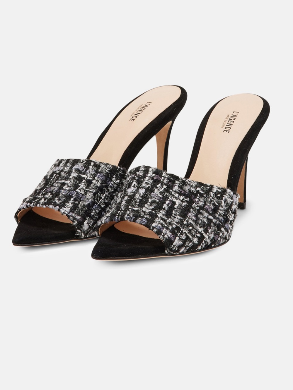 L'AGENCE Black Tweed Open-Toe Mule Heels